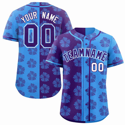 Custom Purple Powder Blue Split Fashion Flower Graffiti Pattern Authentic Baseball Jersey