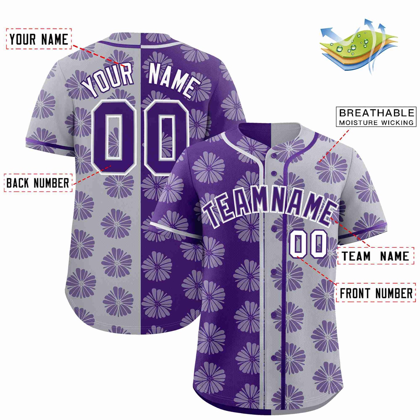 Custom Purple Light Gray Split Fashion Flower Graffiti Pattern Authentic Baseball Jersey