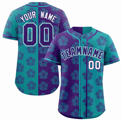 Custom Purple Aqua Split Fashion Flower Graffiti Pattern Authentic Baseball Jersey