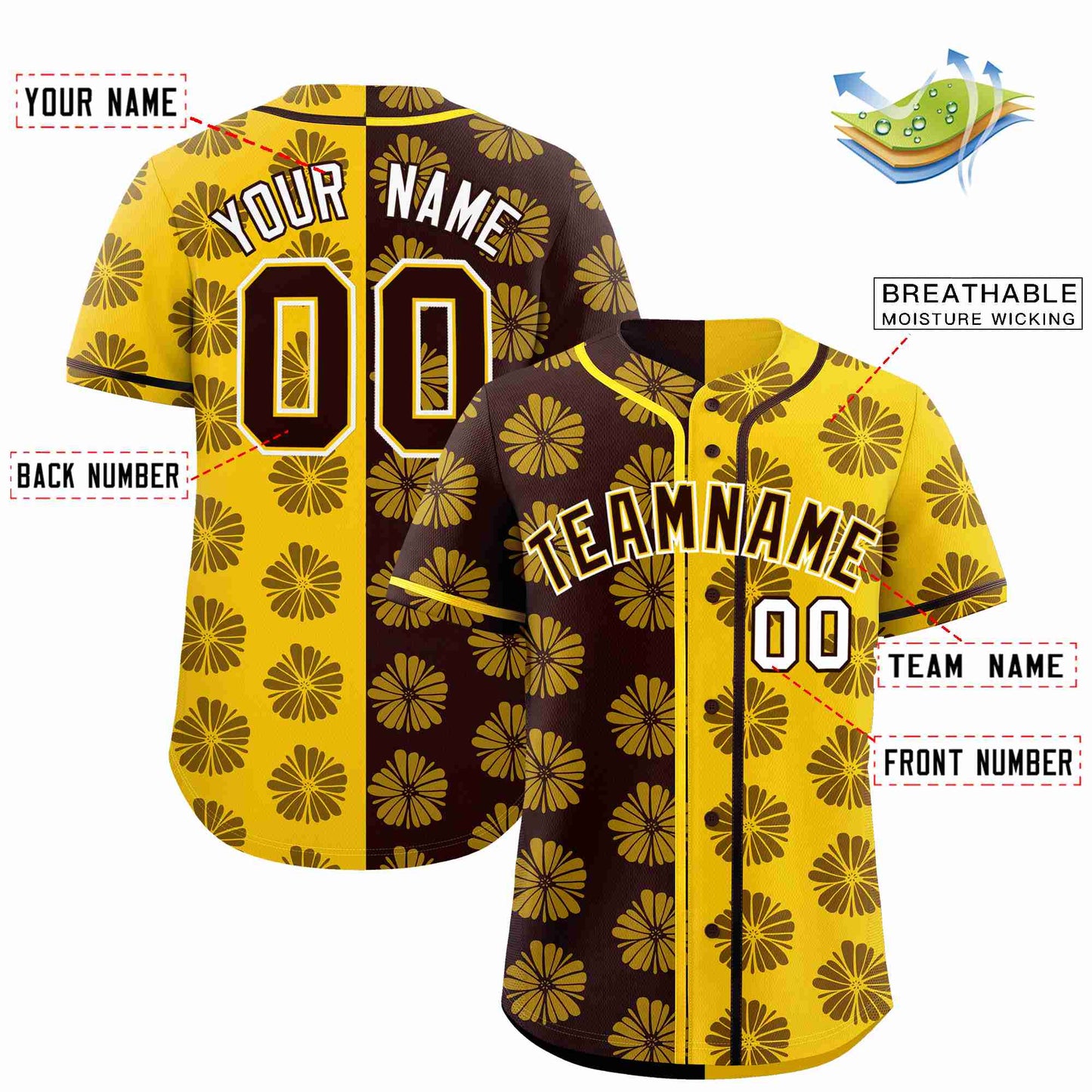 Custom Brown Gold Split Fashion Flower Graffiti Pattern Authentic Baseball Jersey