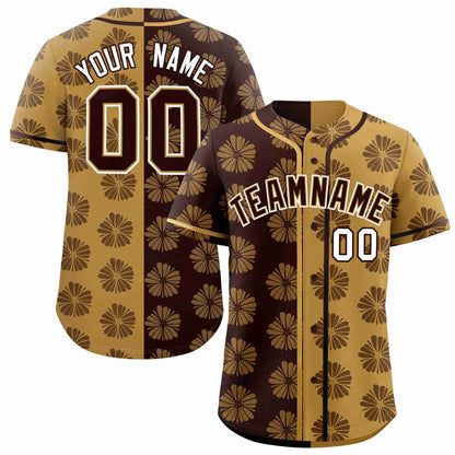 Custom Brown Old Gold Split Fashion Flower Graffiti Pattern Authentic Baseball Jersey