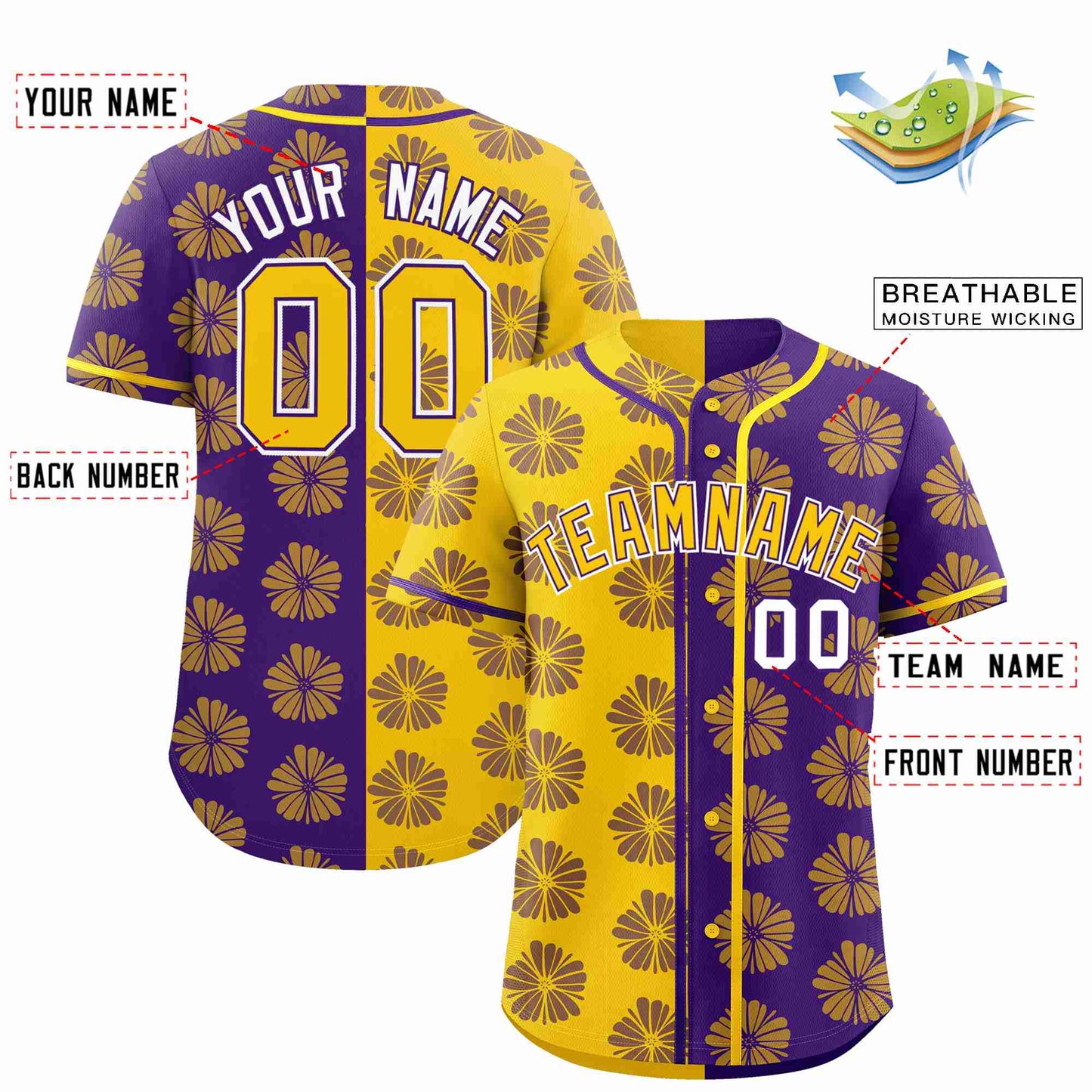 Custom Gold Purple Split Fashion Flower Graffiti Pattern Authentic Baseball Jersey