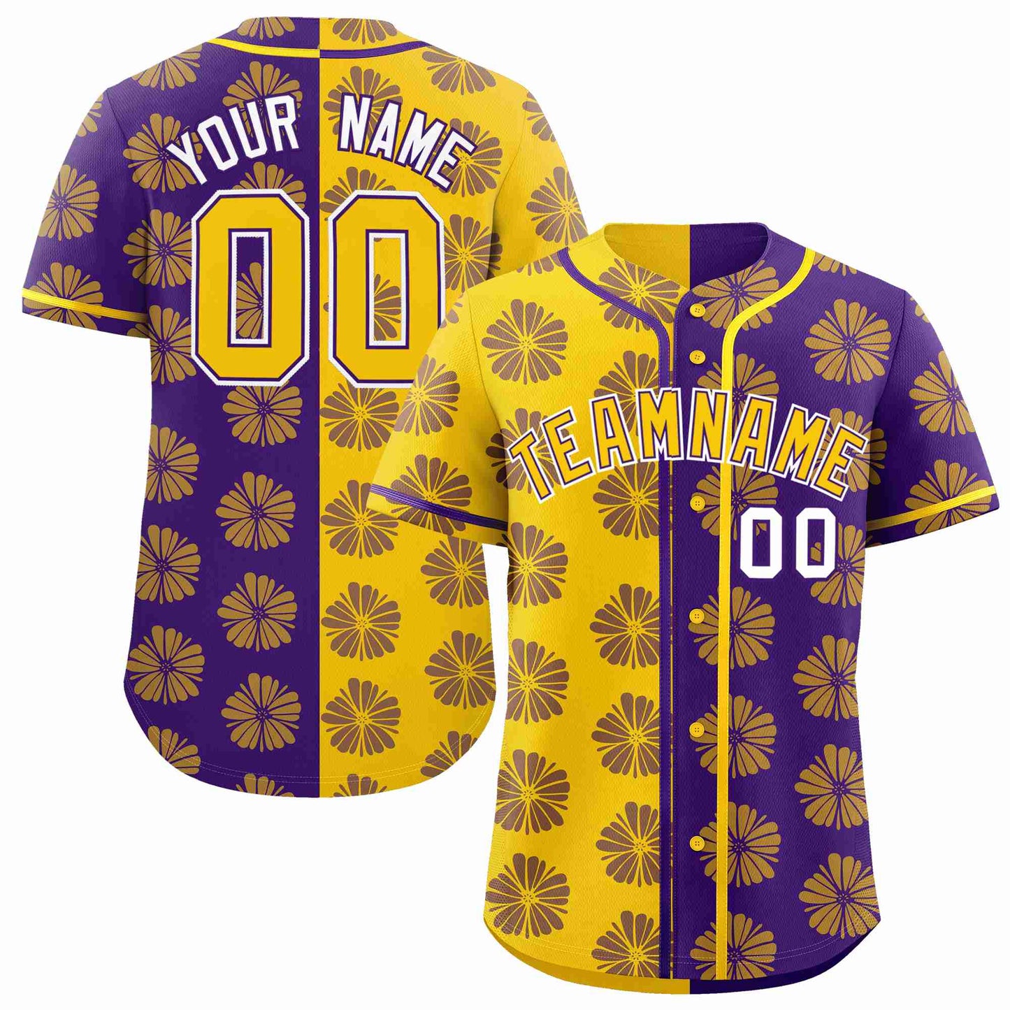 Custom Gold Purple Split Fashion Flower Graffiti Pattern Authentic Baseball Jersey