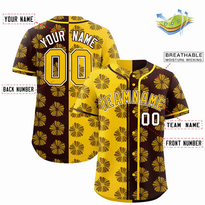 Custom Gold Brown Split Fashion Flower Graffiti Pattern Authentic Baseball Jersey