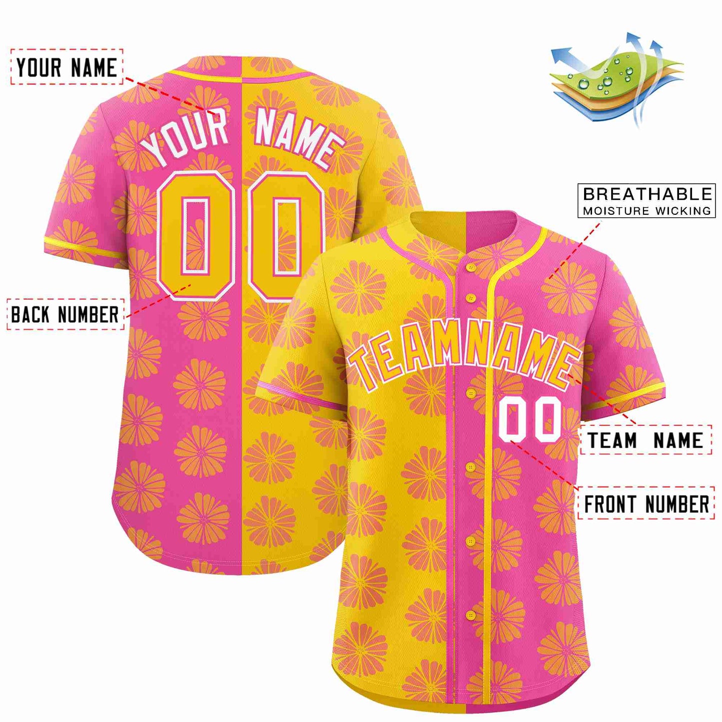 Custom Gold Pink Split Fashion Flower Graffiti Pattern Authentic Baseball Jersey