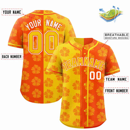 Custom Gold Orange Split Fashion Flower Graffiti Pattern Authentic Baseball Jersey