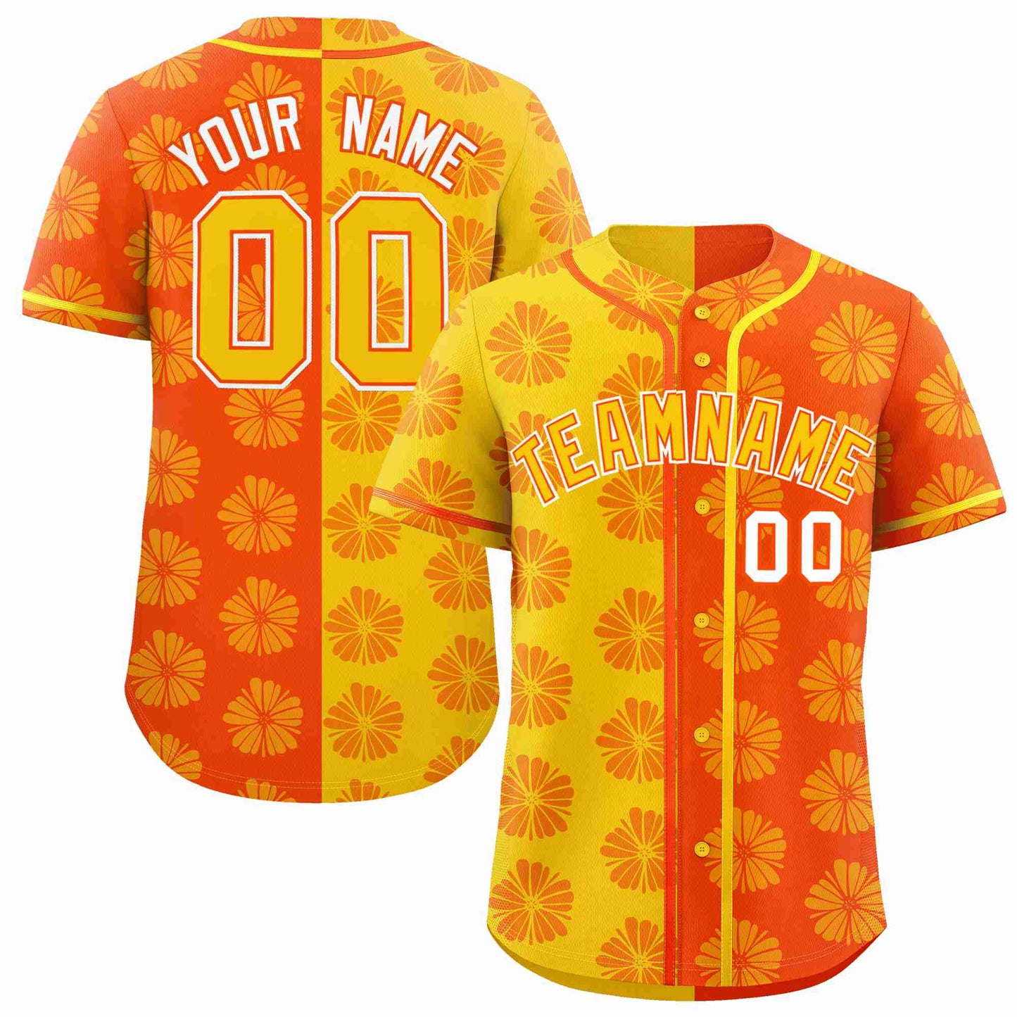 Custom Gold Orange Split Fashion Flower Graffiti Pattern Authentic Baseball Jersey