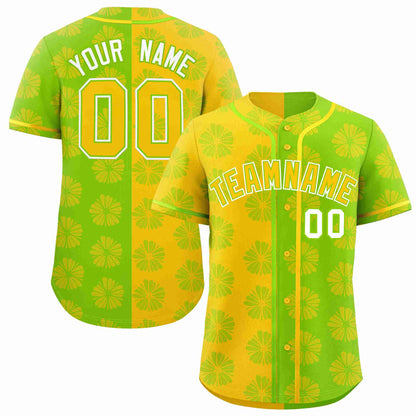 Custom Gold Neon Green Split Fashion Flower Graffiti Pattern Authentic Baseball Jersey