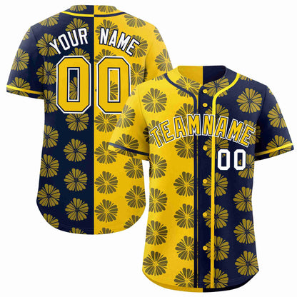 Custom Gold Navy Split Fashion Flower Graffiti Pattern Authentic Baseball Jersey