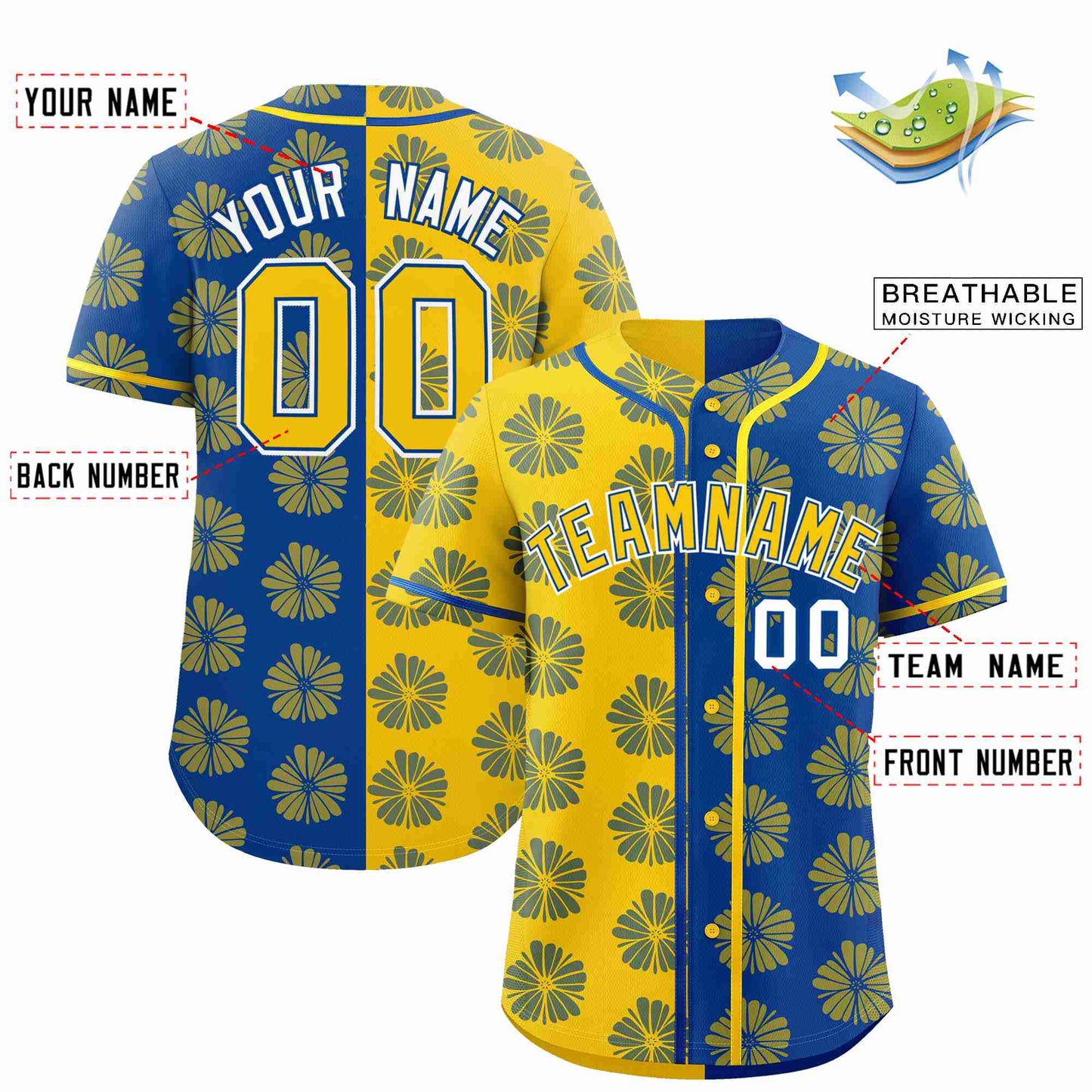 Custom Gold Royal Split Fashion Flower Graffiti Pattern Authentic Baseball Jersey