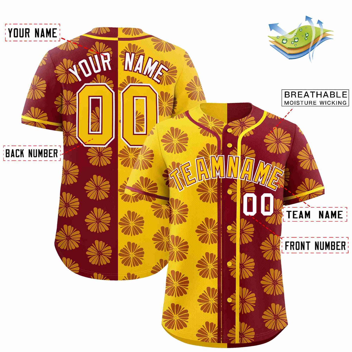 Custom Gold Crimson Split Fashion Flower Graffiti Pattern Authentic Baseball Jersey