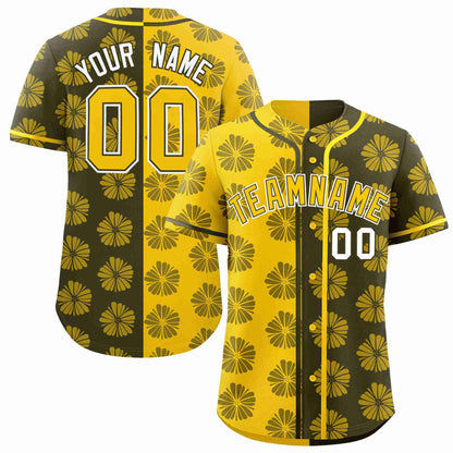 Custom Gold Olive Split Fashion Flower Graffiti Pattern Authentic Baseball Jersey