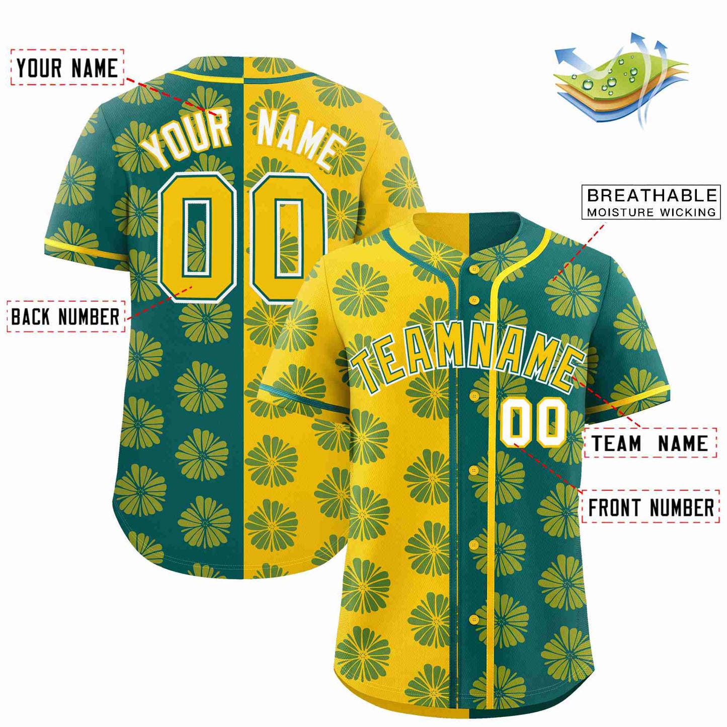 Custom Gold Aqua Split Fashion Flower Graffiti Pattern Authentic Baseball Jersey