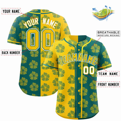 Custom Gold Aqua Split Fashion Flower Graffiti Pattern Authentic Baseball Jersey