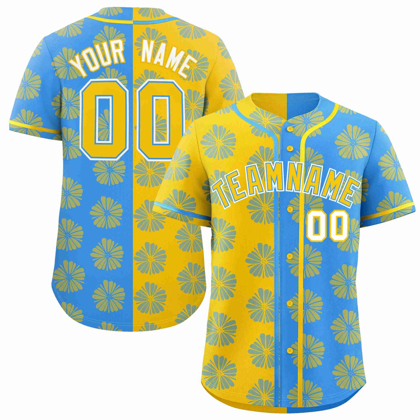 Custom Gold Powder Blue Split Fashion Flower Graffiti Pattern Authentic Baseball Jersey