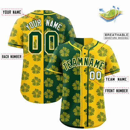 Custom Green Gold Split Fashion Flower Graffiti Pattern Authentic Baseball Jersey