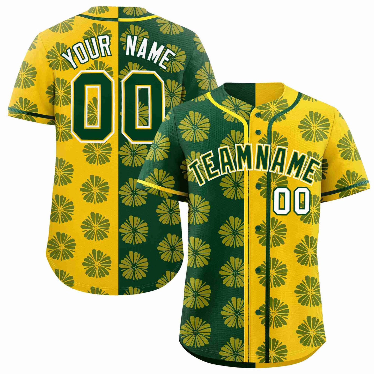 Custom Green Gold Split Fashion Flower Graffiti Pattern Authentic Baseball Jersey