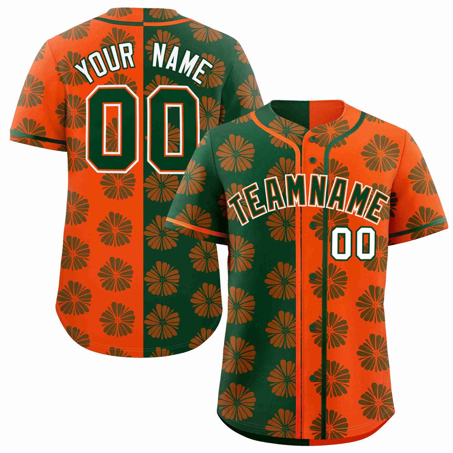 Custom Green Orange Split Fashion Flower Graffiti Pattern Authentic Baseball Jersey