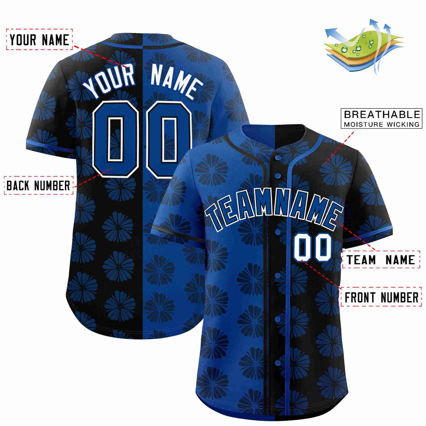 Custom Royal Black Split Fashion Flower Graffiti Pattern Authentic Baseball Jersey