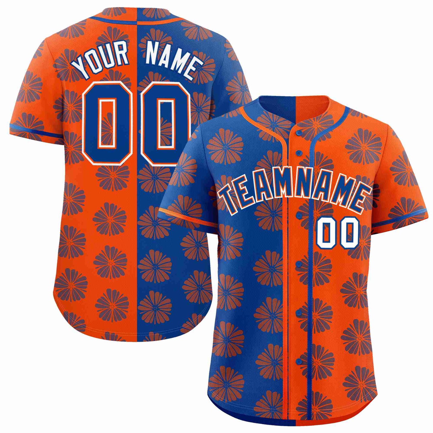 Custom Royal Orange Split Fashion Flower Graffiti Pattern Authentic Baseball Jersey