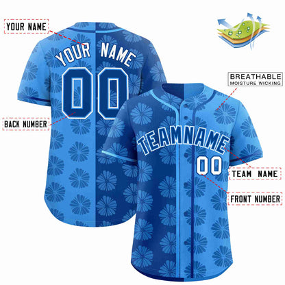 Custom Royal Powder Blue Split Fashion Flower Graffiti Pattern Authentic Baseball Jersey