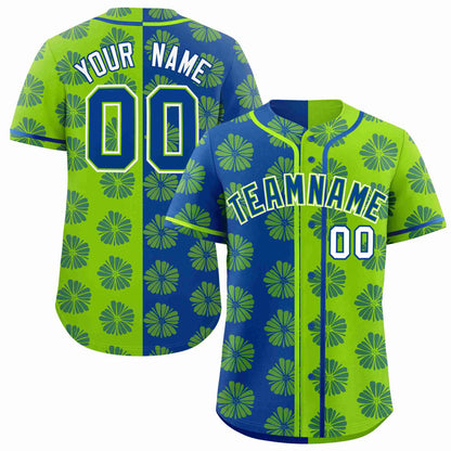 Custom Royal Neon Green Split Fashion Flower Graffiti Pattern Authentic Baseball Jersey