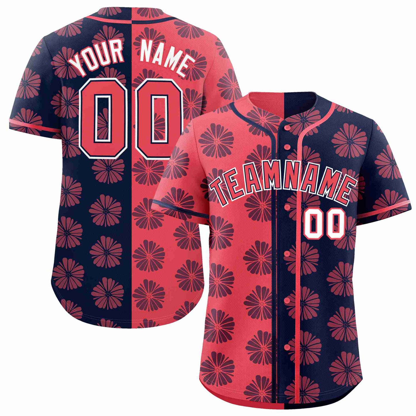 Custom Light Red Navy Split Fashion Flower Graffiti Pattern Authentic Baseball Jersey