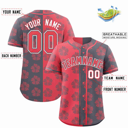 Custom Light Red Dark Gray Split Fashion Flower Graffiti Pattern Authentic Baseball Jersey