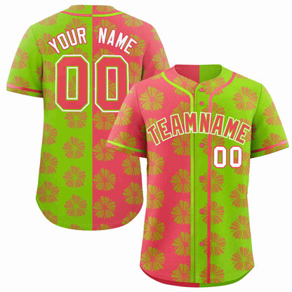 Custom Light Red Neon Green Split Fashion Flower Graffiti Pattern Authentic Baseball Jersey