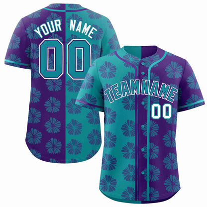 Custom Aqua Purple Split Fashion Flower Graffiti Pattern Authentic Baseball Jersey