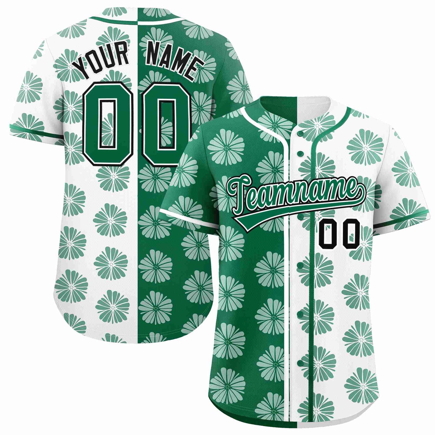 Custom Kelly Green White Split Fashion Flower Graffiti Pattern Authentic Baseball Jersey