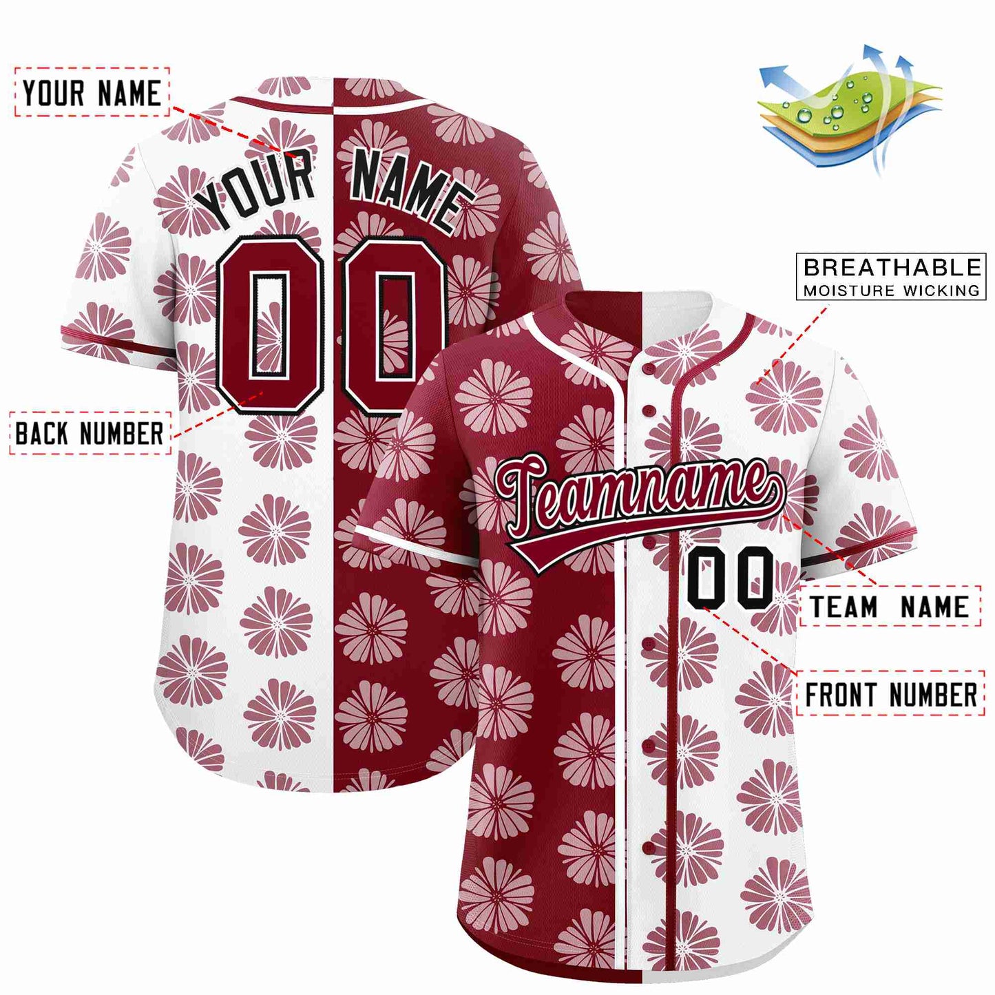 Custom Crimson White Split Fashion Flower Graffiti Pattern Authentic Baseball Jersey