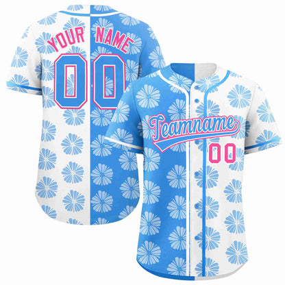 Custom Powder Blue White Split Fashion Flower Graffiti Pattern Authentic Baseball Jersey