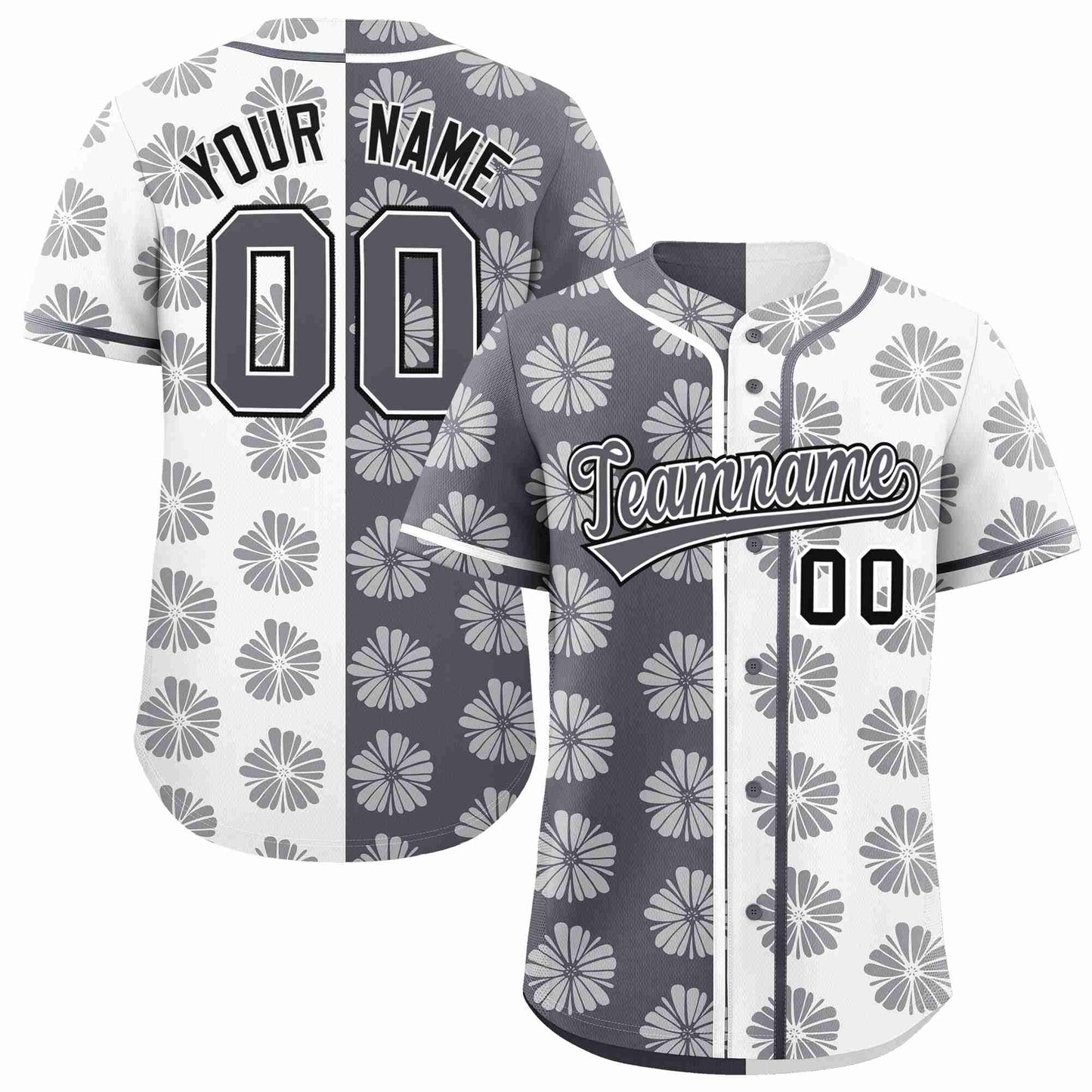 Custom Dark Gray White Split Fashion Flower Graffiti Pattern Authentic Baseball Jersey