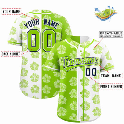 Custom Neon Green White Split Fashion Flower Graffiti Pattern Authentic Baseball Jersey