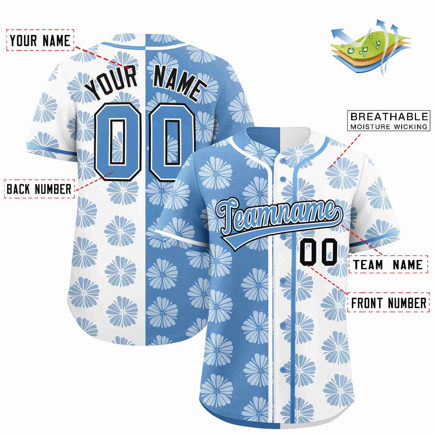 Custom Light Blue White Split Fashion Flower Graffiti Pattern Authentic Baseball Jersey