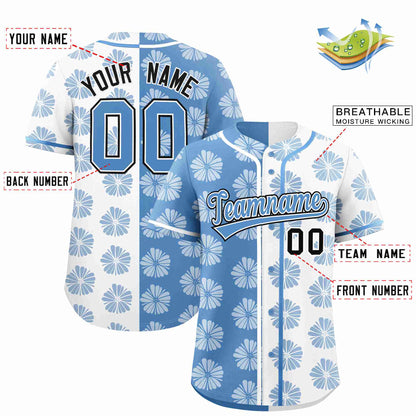 Custom Light Blue White Split Fashion Flower Graffiti Pattern Authentic Baseball Jersey