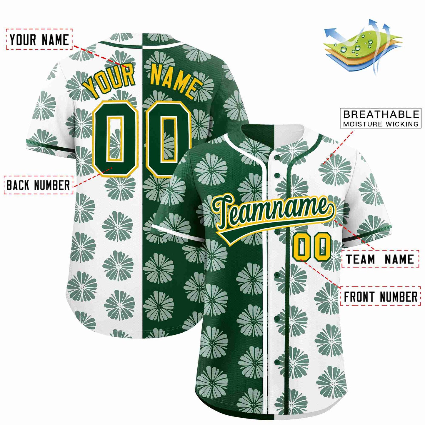 Custom Green White Split Fashion Flower Graffiti Pattern Authentic Baseball Jersey