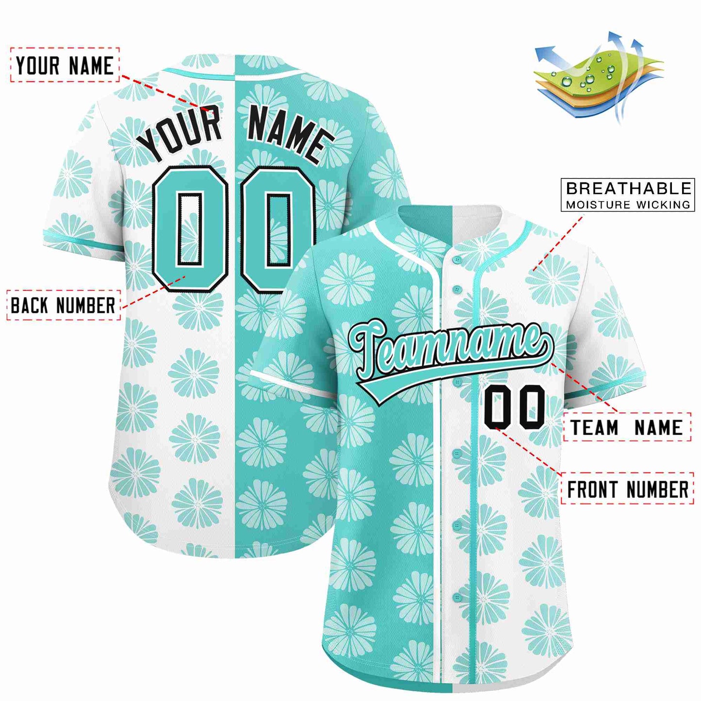 Custom Aqua White Split Fashion Flower Graffiti Pattern Authentic Baseball Jersey