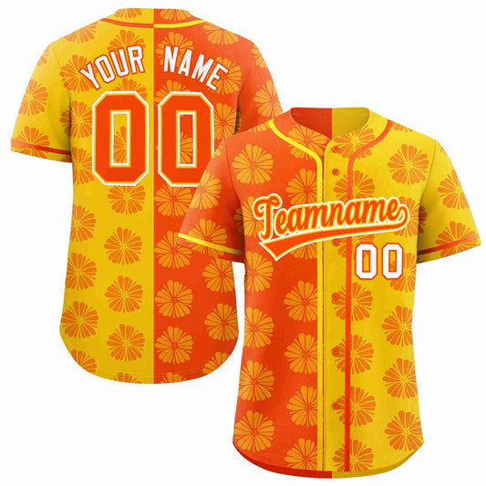 Custom Orange Gold Split Fashion Flower Graffiti Pattern Authentic Baseball Jersey