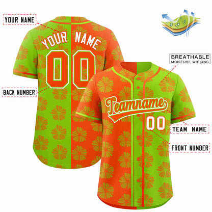 Custom Orange Neon Green Split Fashion Flower Graffiti Pattern Authentic Baseball Jersey