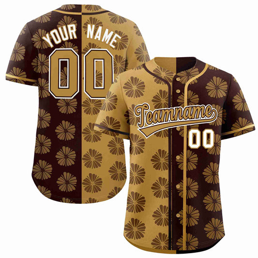 Custom Old Gold Brown Split Fashion Flower Graffiti Pattern Authentic Baseball Jersey