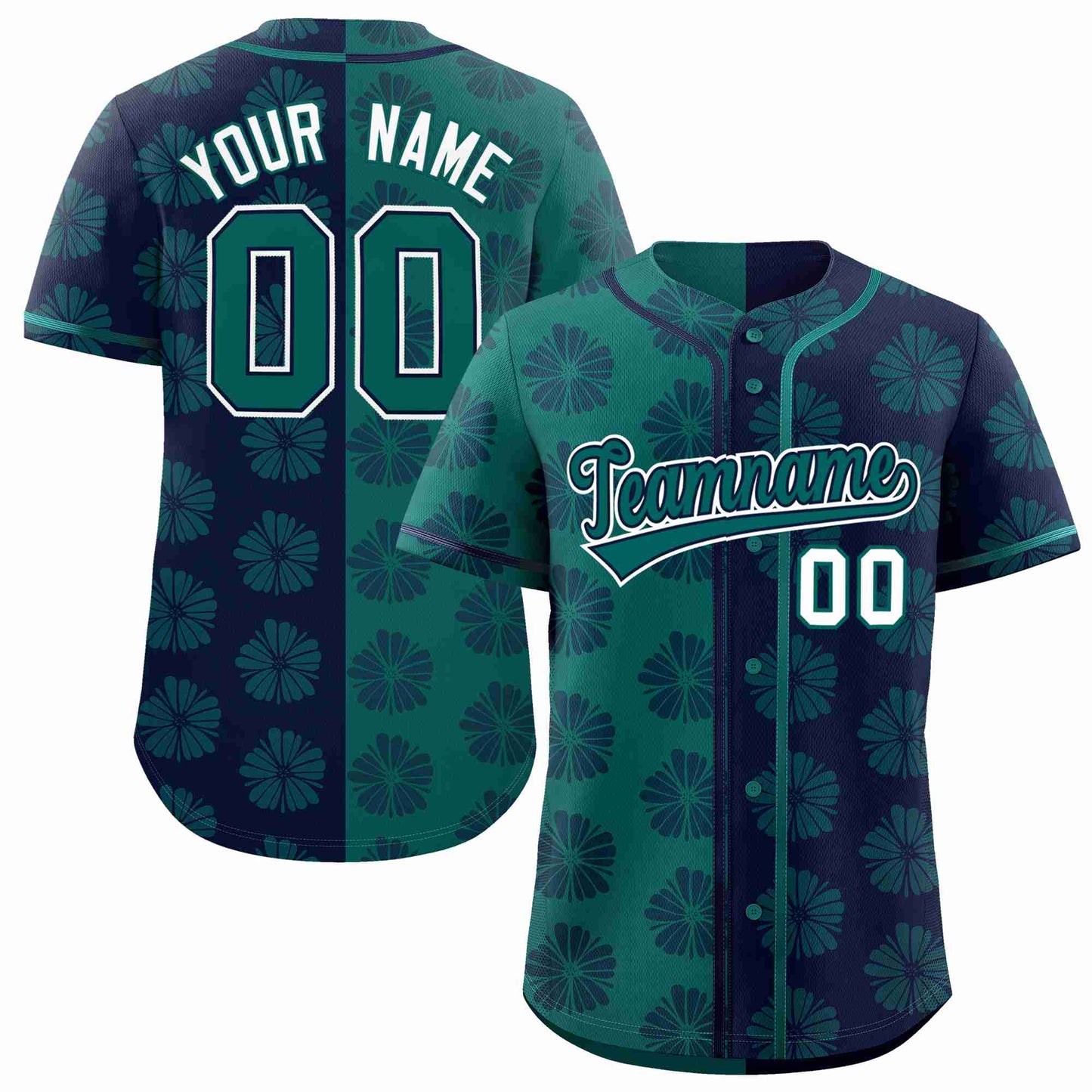 Custom Aqua Navy Split Fashion Flower Graffiti Pattern Authentic Baseball Jersey