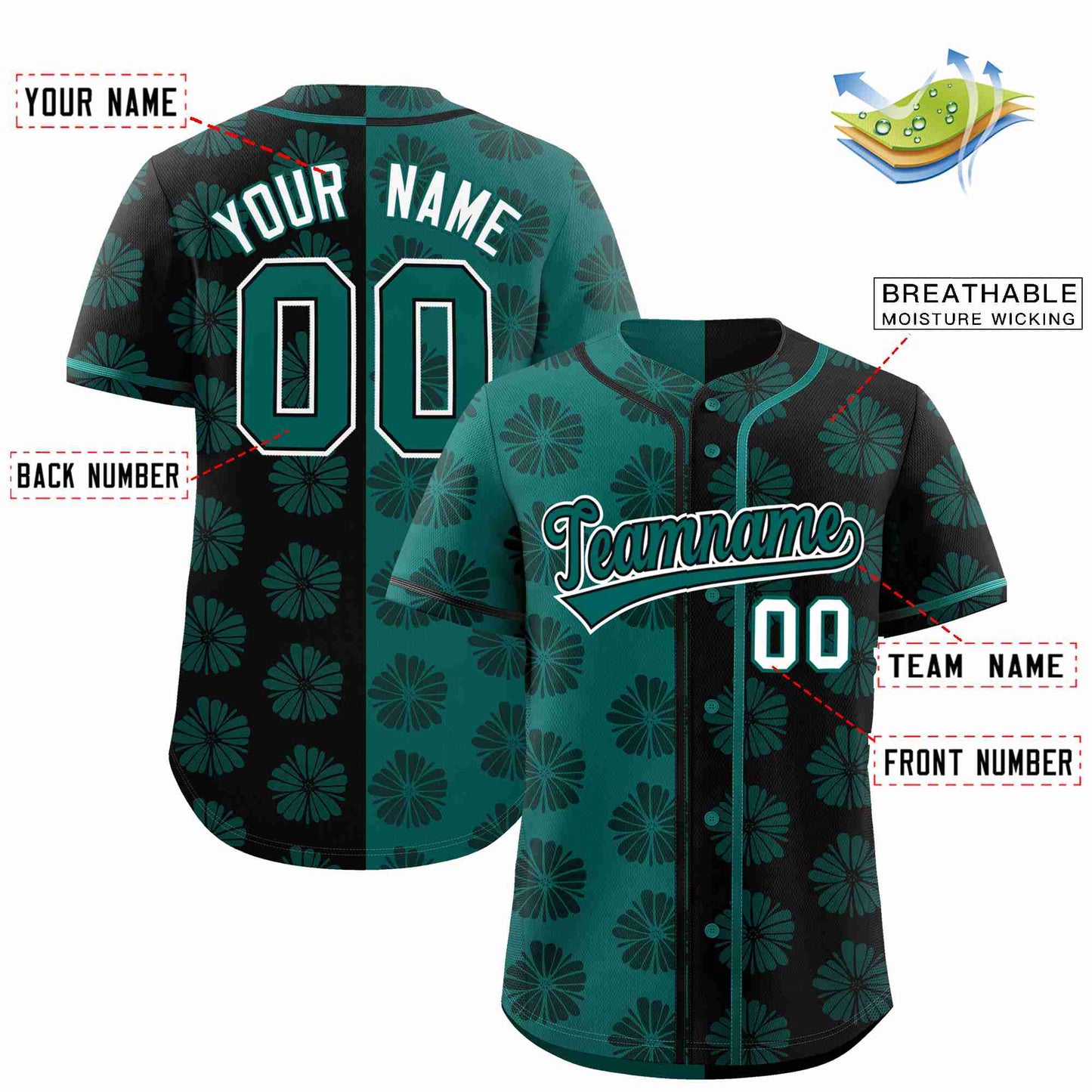 Custom Aqua Black Split Fashion Flower Graffiti Pattern Authentic Baseball Jersey