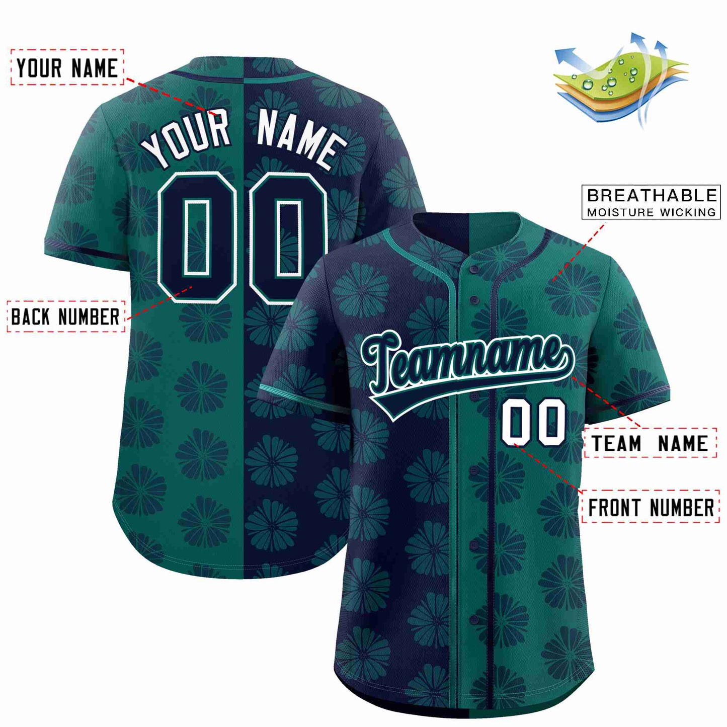 Custom Navy Aqua Split Fashion Flower Graffiti Pattern Authentic Baseball Jersey