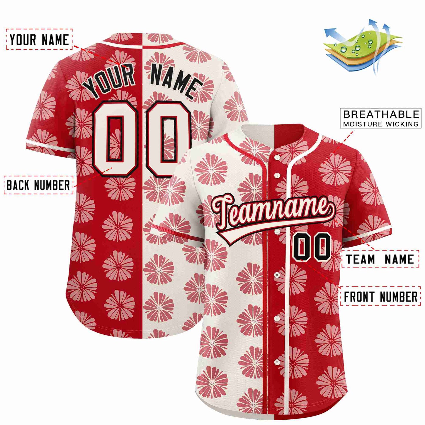 Custom Cream Red Split Fashion Flower Graffiti Pattern Authentic Baseball Jersey