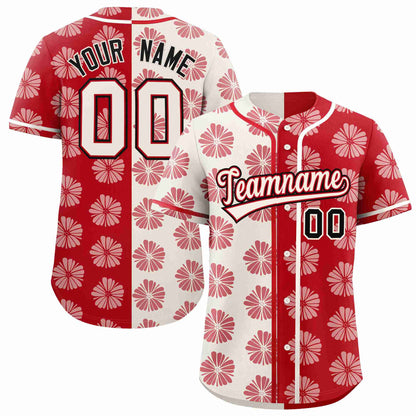 Custom Cream Red Split Fashion Flower Graffiti Pattern Authentic Baseball Jersey