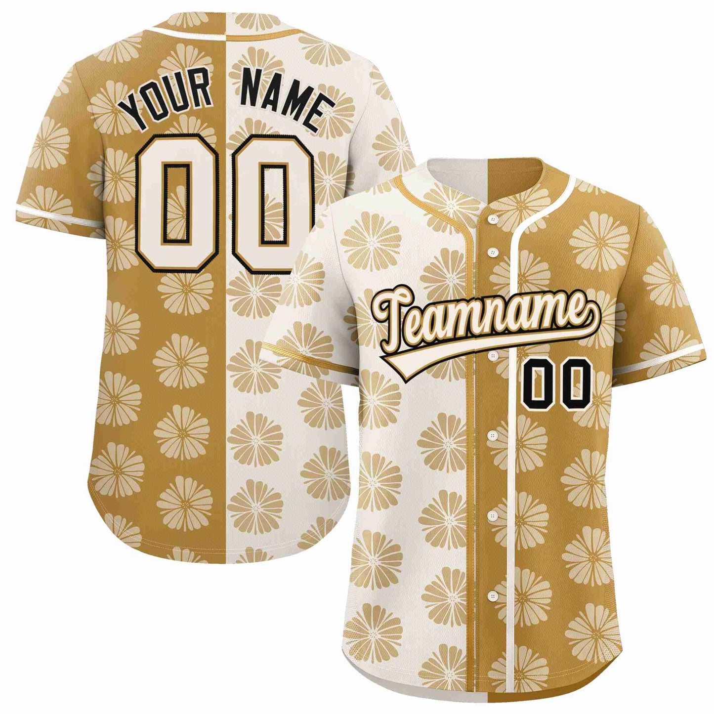 Custom Cream Old Gold Split Fashion Flower Graffiti Pattern Authentic Baseball Jersey