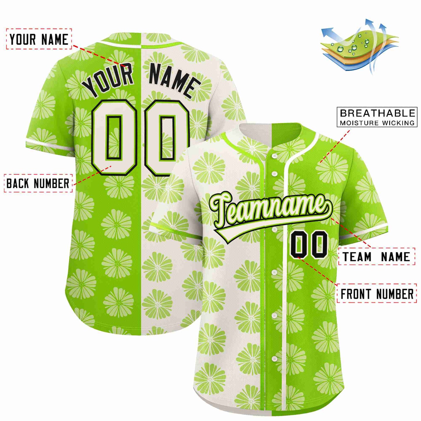 Custom Cream Neon Green Split Fashion Flower Graffiti Pattern Authentic Baseball Jersey