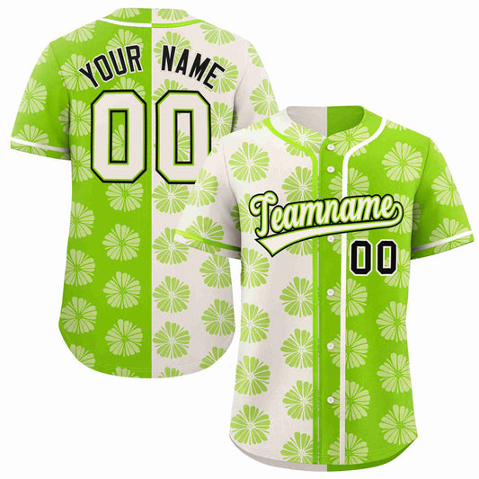 Custom Cream Neon Green Split Fashion Flower Graffiti Pattern Authentic Baseball Jersey